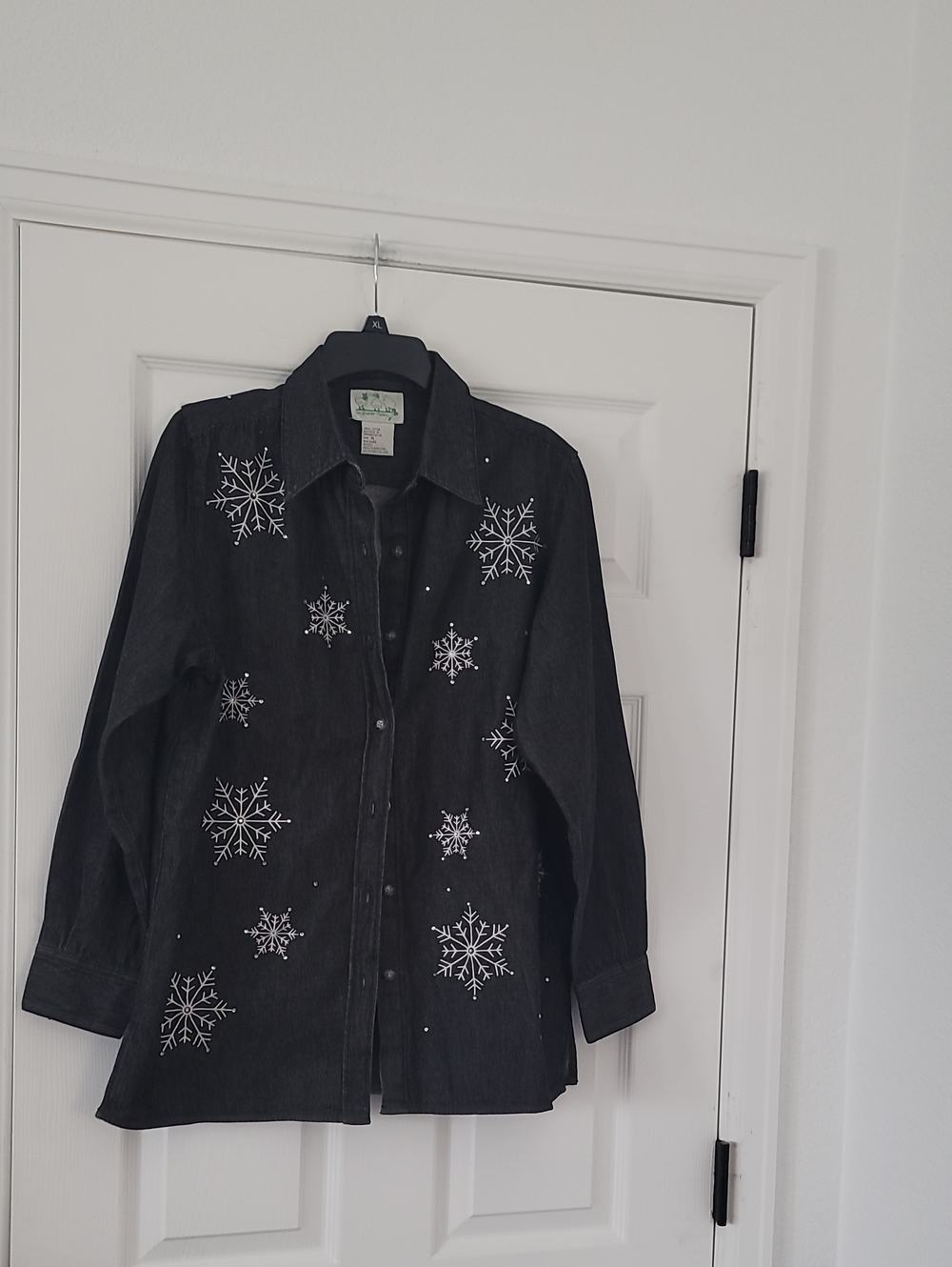 Quacker Factory Black Jean Jacket with White Snowflake Embroidery